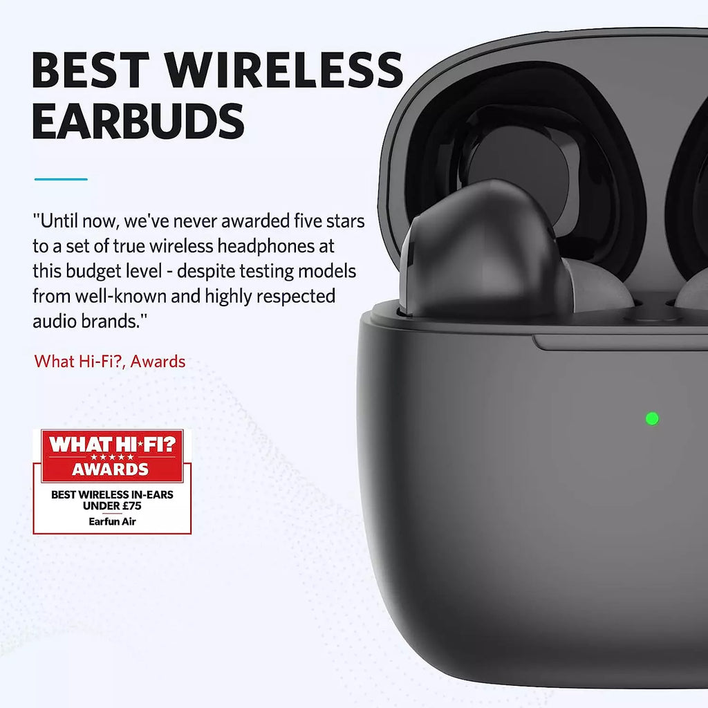 EarFun Air Wireless Earbuds Bluetooth Earbuds with 4 Mics Sweatshield IPX7 Waterproof Game Mode Wireless Charging Deep Bass USB-C Fast Charge