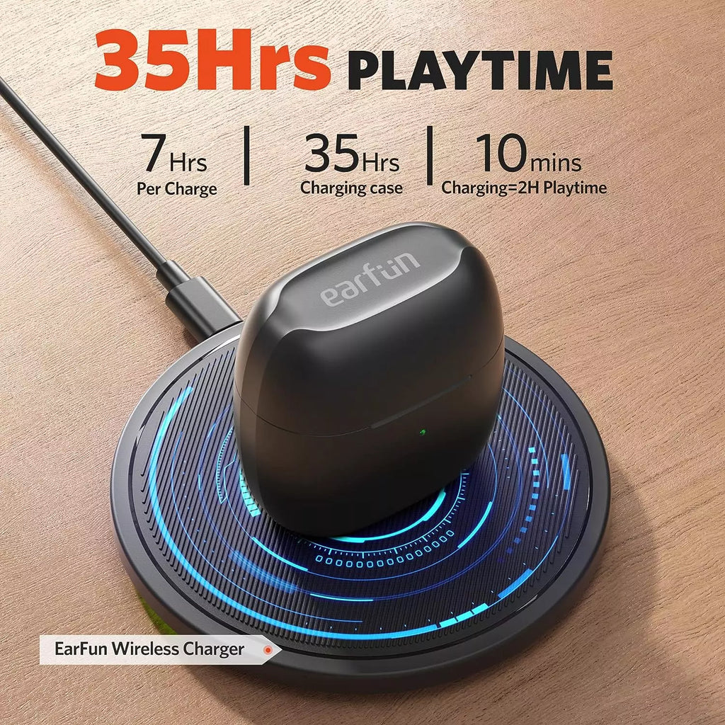 EarFun Air Wireless Earbuds Bluetooth Earbuds with 4 Mics Sweatshield IPX7 Waterproof Game Mode Wireless Charging Deep Bass USB-C Fast Charge