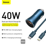 Baseus Golden Contactor Pro Dual Quick Charger Car Charger U+C 40W（With Baseus Simple Wisdom Data Cable Type-C to iP 1m）Blue