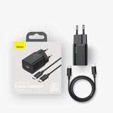 Baseus Super Si Quick Charger 1C 25W EU Sets Black（With Mini White Cable Type-C to Type-C 3A 1m Black）